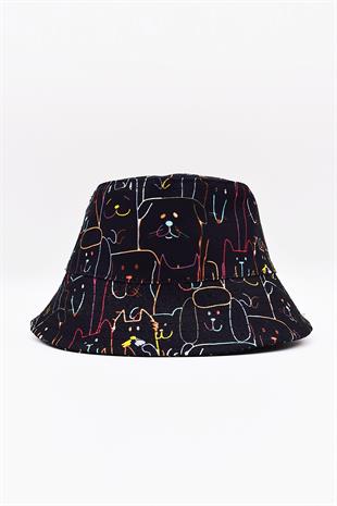 Desenli Kova Balıkçı Şapka Bucket Hat Siyah