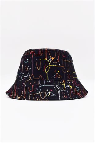 Desenli Kova Balıkçı Şapka Bucket Hat Siyah