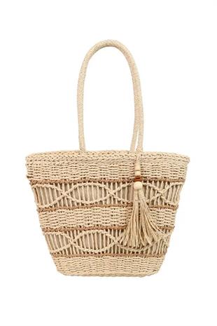 El Örgüsü Püskül Detay Rattan Plaj Çantası - Bej