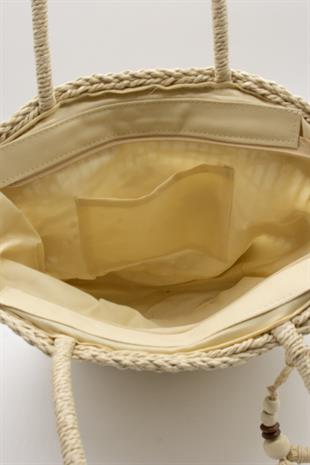 El Örgüsü Püskül Detay Rattan Plaj Çantası - Bej