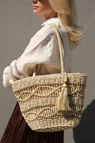 El Örgüsü Püskül Detay Rattan Plaj Çantası - Bej