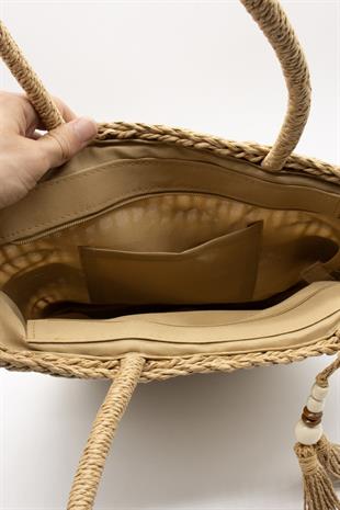 El Örgüsü Püskül Detay Rattan Plaj Çantası - Camel