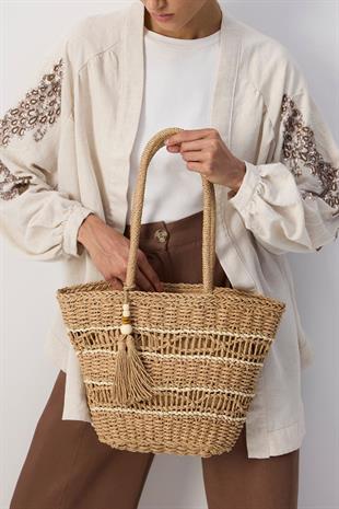 El Örgüsü Püskül Detay Rattan Plaj Çantası - Camel