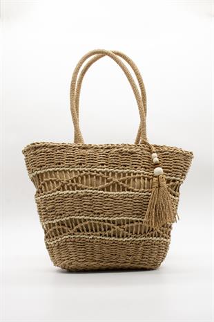 El Örgüsü Püskül Detay Rattan Plaj Çantası - Camel