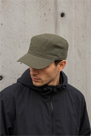 Mens Denim Fidel Castro Hat Eyelet Detailed Flat Cap - Khaki