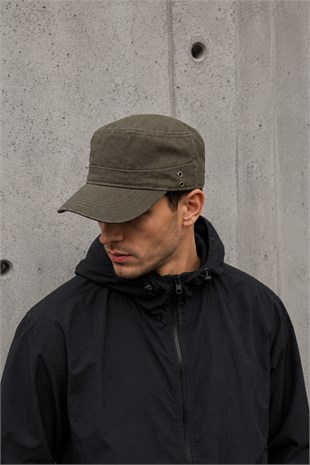 Mens Denim Fidel Castro Hat Eyelet Detailed Flat Cap - Khaki