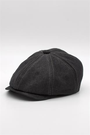 Erkek Denim İngiliz Newsboy Kasket - Siyah Kot Şapka | Standart Fit/Esnek