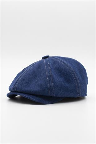 Erkek Denim İngiliz Newsboy Kasket - Koyu Mavi Kot Şapka | Standart Fit/Esnek