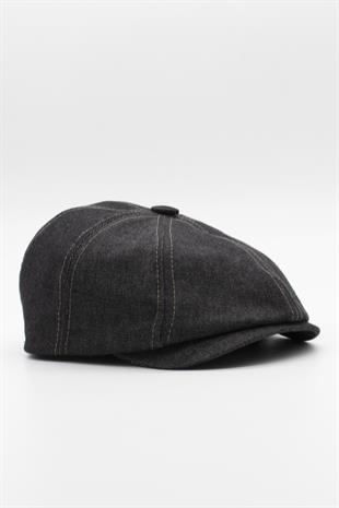 Erkek Denim İngiliz Newsboy Kasket - Siyah Kot Şapka | Standart Fit/Esnek