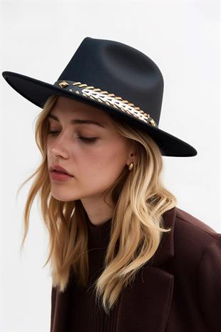 Erkek Etnik Deri Şeritli Fedora Şapka - Siyah