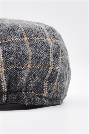 Mens English Premium Newsboy Plaid Flat Cap-Grey Black