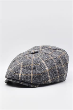 Mens English Premium Newsboy Plaid Flat Cap-Grey Black