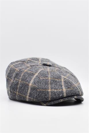 Mens English Premium Newsboy Plaid Flat Cap-Grey Black