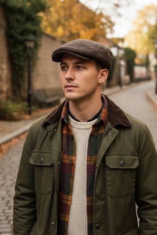 Erkek Kasket Balıksırtı Flat Cap Termal Yün Şapka-Camel