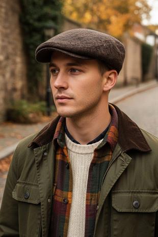 Erkek Kasket Balıksırtı Flat Cap Termal Yün Şapka-Camel