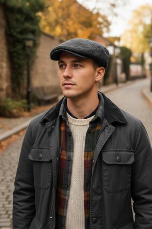 Erkek Kasket Balıksırtı Flat Cap Termal Yün Şapka Antrasit