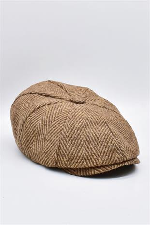 Erkek Kasket Peaky Blinders Balıksırtı Desenli Yün Şapka-Kahve