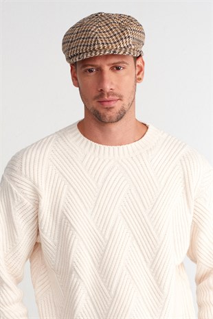 Mens Houndstooth Patterned Winter 8 Piece Flat Cap Hat