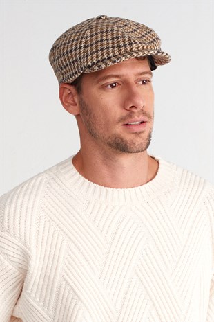 Mens Houndstooth Patterned Winter 8 Piece Flat Cap Hat