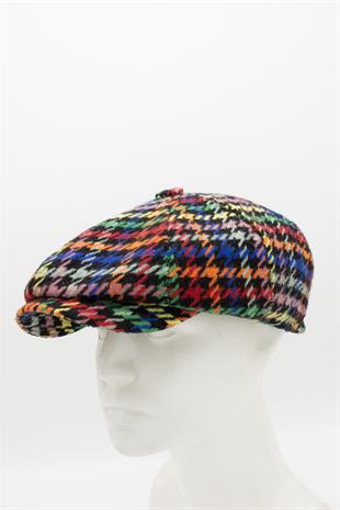 Mens Houndstooth Patterned Winter 8 Piece Multicolor Flat Cap Hat