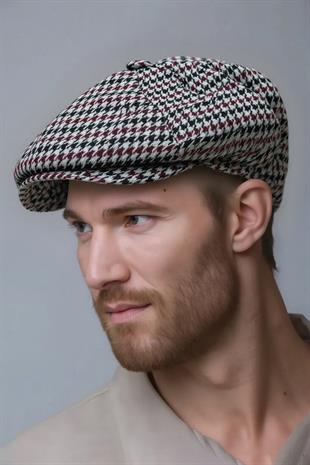 Erkek Kazayağı Kasket Şapka – Siyah Bordo Desenli Retro Flat Cap