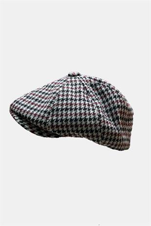 Erkek Kazayağı Kasket Şapka – Siyah Bordo Desenli Retro Flat Cap