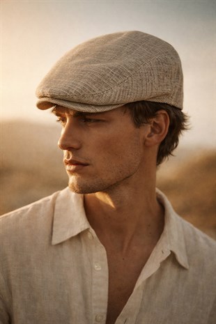 Erkek Keten Premium Bej Şapka Yazlık Flat Cap Kasket