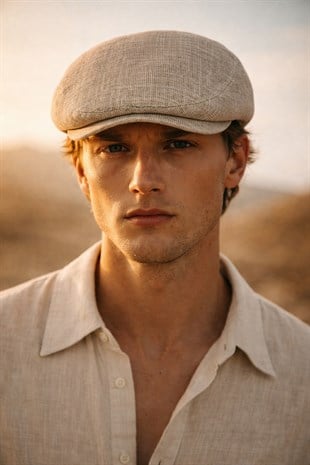 Erkek Keten Premium Bej Şapka Yazlık Flat Cap Kasket