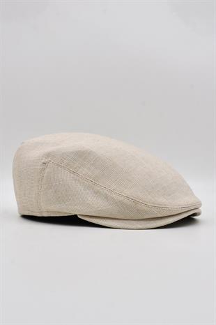 Erkek Keten Premium Krem Şapka Yazlık Flat Cap Kasket