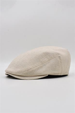 Erkek Keten Premium Krem Şapka Yazlık Flat Cap Kasket
