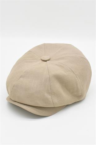 Erkek Keten Şapka Newsboy Cap Kasket Fötr Bere - Bej