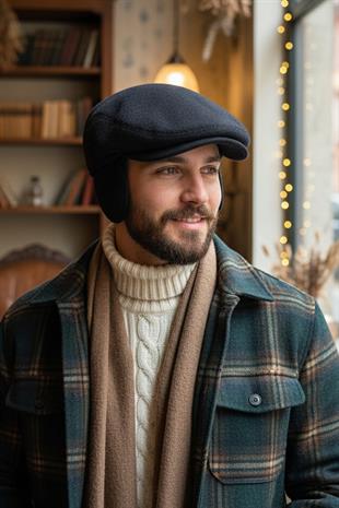 Erkek Kışlık Kasket Premium Kulaklı Yün Driver Şapka - Siyah