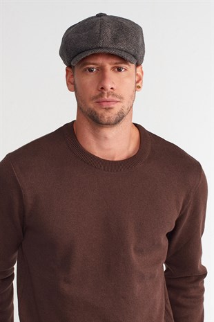 Mens Dark Brown Herringbone Flat Cap 8 Piece Peaky Blinders Hat