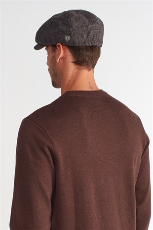 Mens Dark Brown Herringbone Flat Cap 8 Piece Peaky Blinders Hat