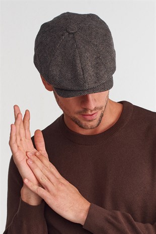Mens Dark Brown Herringbone Flat Cap 8 Piece Peaky Blinders Hat