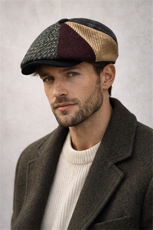 Erkek Patchwork Desenli Kasket Şapka – Vintage Retro İngiliz Flat Cap