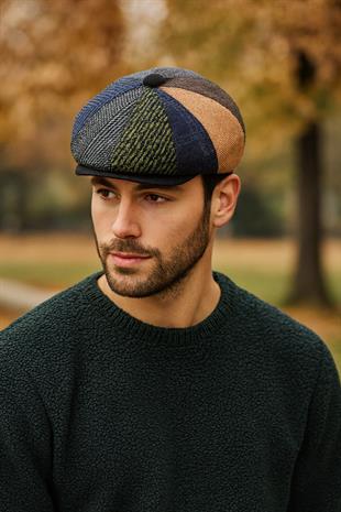 Mens Patchwork Tweed Winter Flat Cap English Newsboy Hat