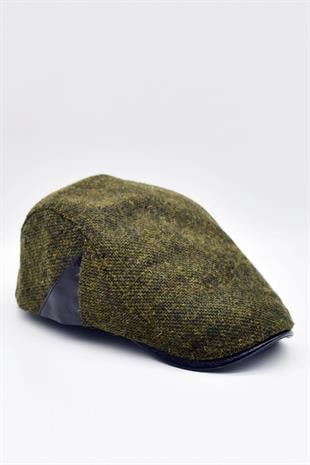 Mens Hat Winter Textured Leather with Accessories Sports Flat Cap-Khaki