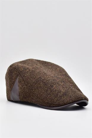 Mens Hat Winter Textured Leather with Accessories Sports Flat Cap-Brown