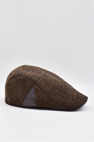 Mens Hat Winter Textured Leather with Accessories Sports Flat Cap-Brown