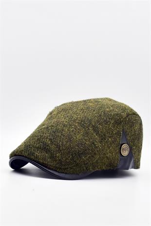 Mens Hat Winter Textured Leather with Accessories Sports Flat Cap-Khaki