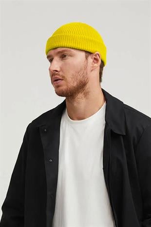 Erkek Sarı Premium Kısa Rolled Bere Şapka