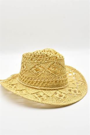 Ethnic Textured Beige Straw Cowboy Tarzı Hat