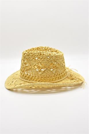 Ethnic Textured Beige Straw Cowboy Tarzı Hat