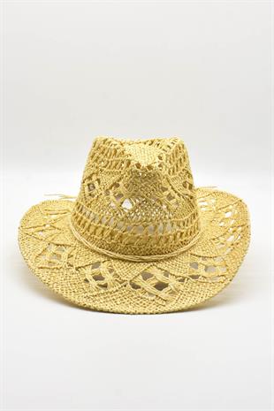 Ethnic Textured Beige Straw Cowboy Tarzı Hat