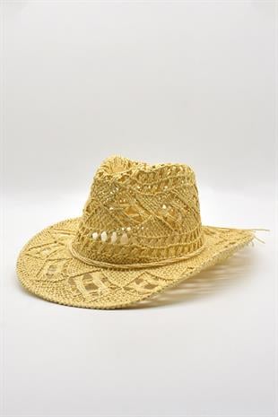 Ethnic Textured Beige Straw Cowboy Tarzı Hat