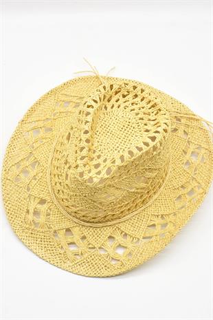 Ethnic Textured Beige Straw Cowboy Tarzı Hat
