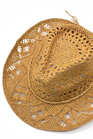Ethnic Textured Camel Straw Cowboy Tarzı Hat