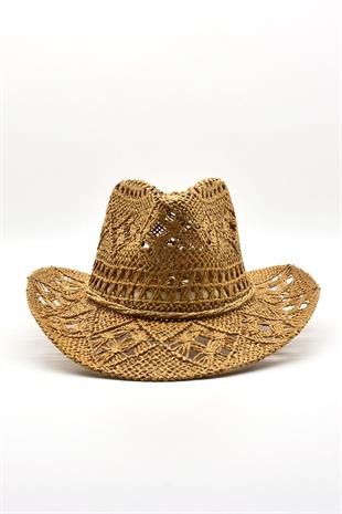 Ethnic Textured Camel Straw Cowboy Tarzı Hat