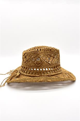 Ethnic Textured Camel Straw Cowboy Tarzı Hat